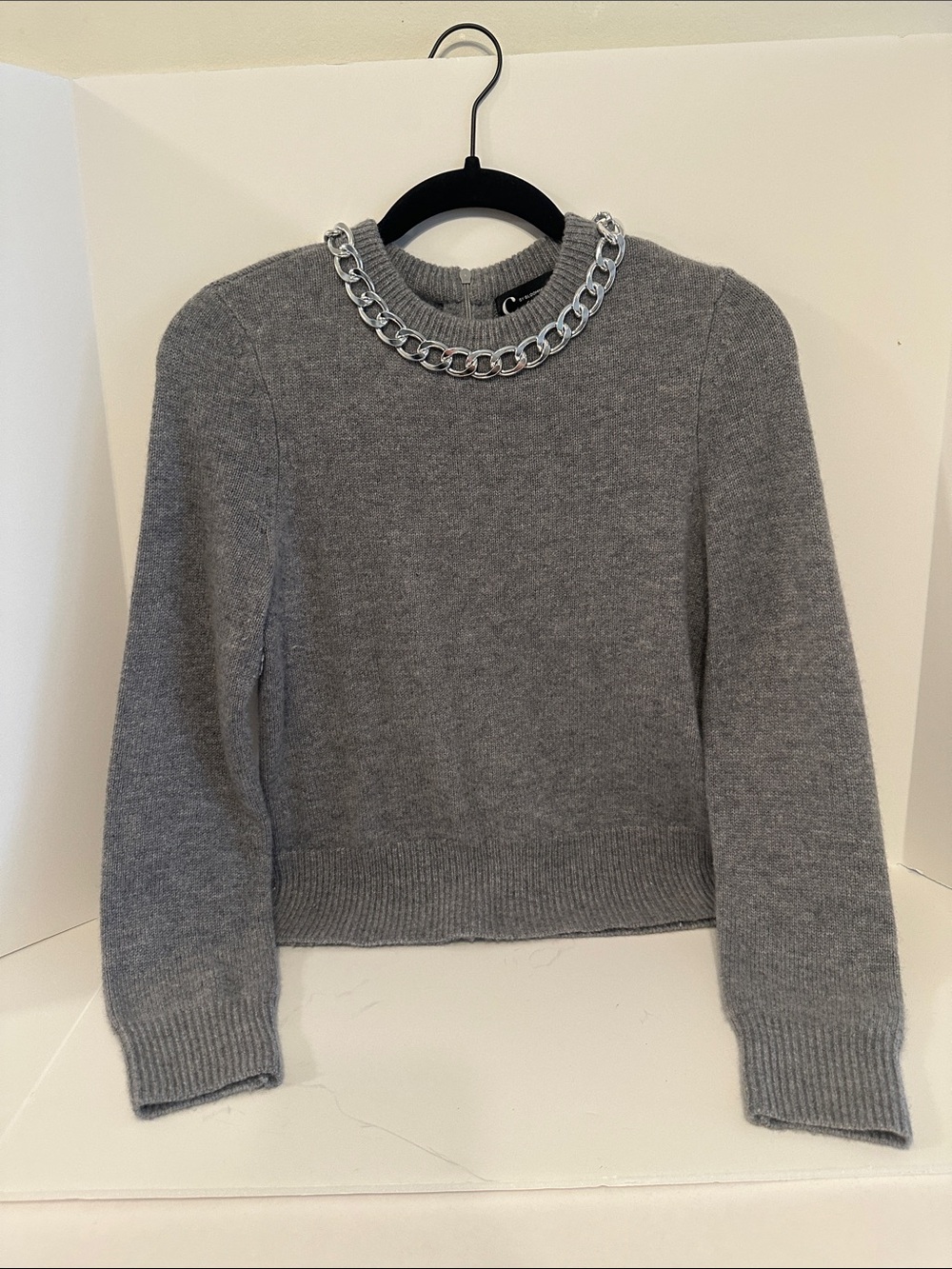Women's Gray Cashmere Crewneck Sweater with Chain Accent
